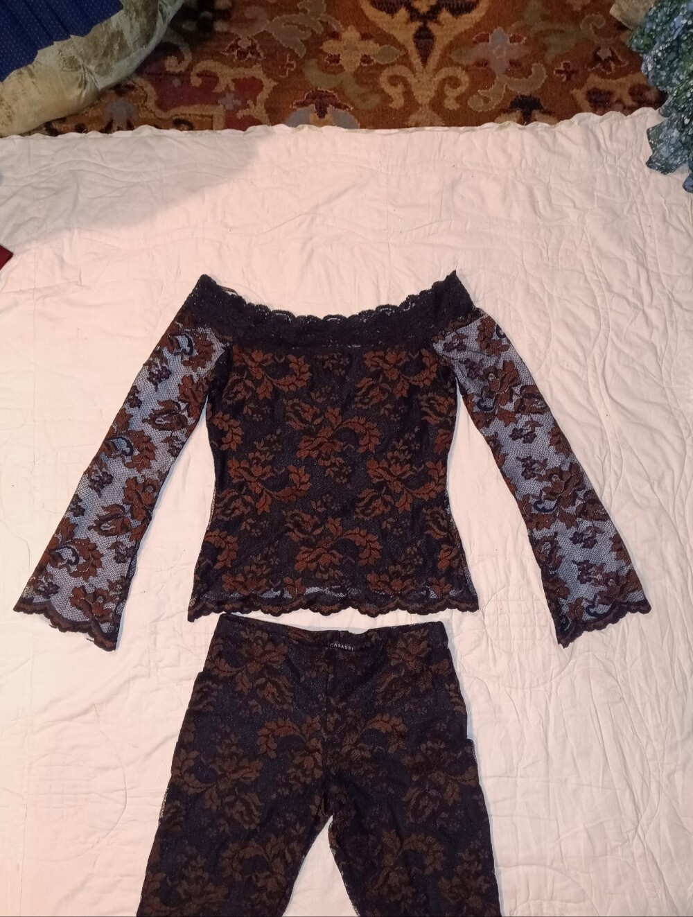 Vintage Casadei Set  Black  Brown Lace Off-Shoulder Top & Flared Pants Sz S - Picture 10 of 15